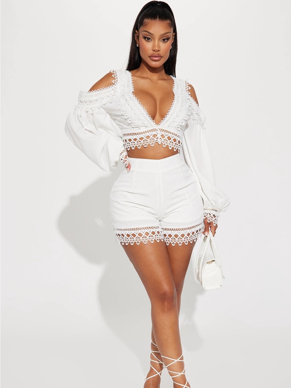 Fashion Nova White Crochet Lace Cold-Shoulder V-Neck Crop Top & Shorts